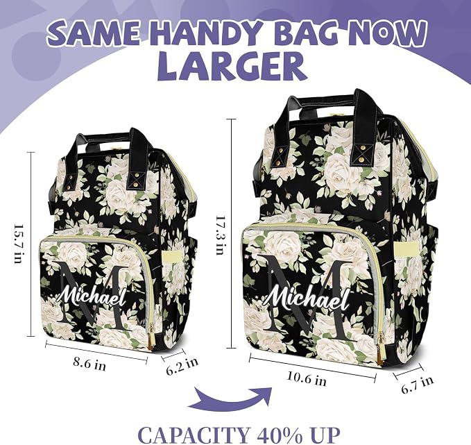 Custom Diaper Change Backpack, Large Capacity Floral Baby Bag, Personalized Multifunction Mommy Backpack With Insulated Pockets, For Boys & Girls