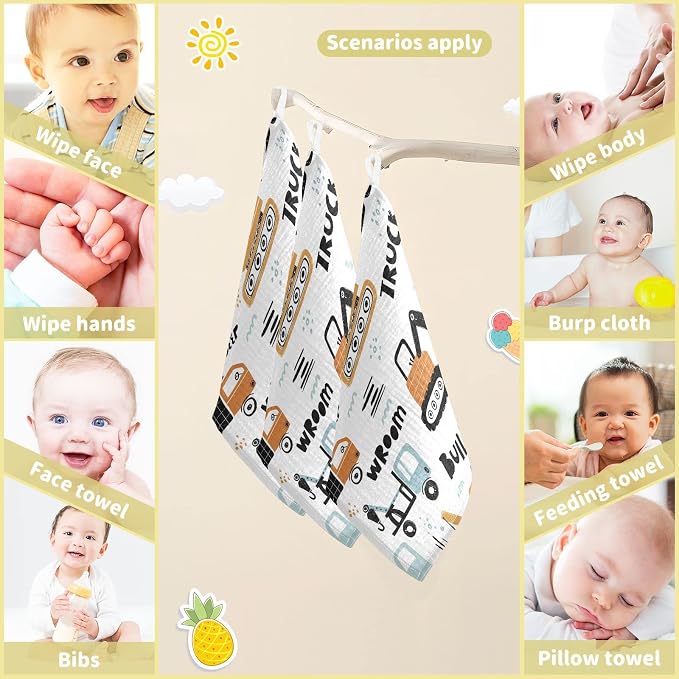 vvfelixl Baby Muslin Washcloths, Building Equipment Construction Transpor Baby Burp Cloths, Cotton Baby Face Towel for Newborn Infants Boys Girls Soft and Absorbent 11.8 X 11.8 in, 3 Pack