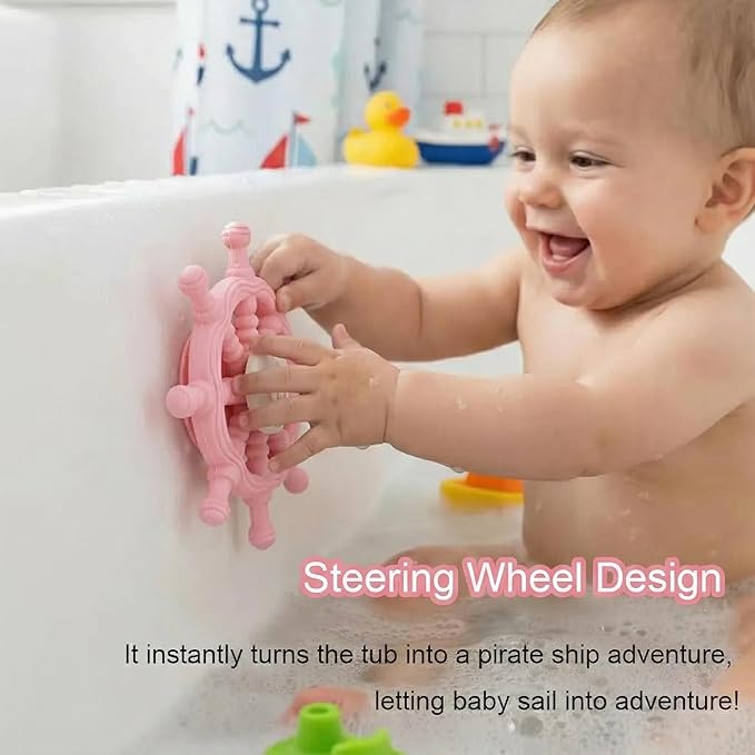 Baby Suction Spinner Toys for Bathtub, Silicone Pink Toddler Bath & High Chair Toys for 1 Year Old Boy/Girl Birthday Gift, Interactive Ship Steering Wheel InfantToy for Car Window Travel