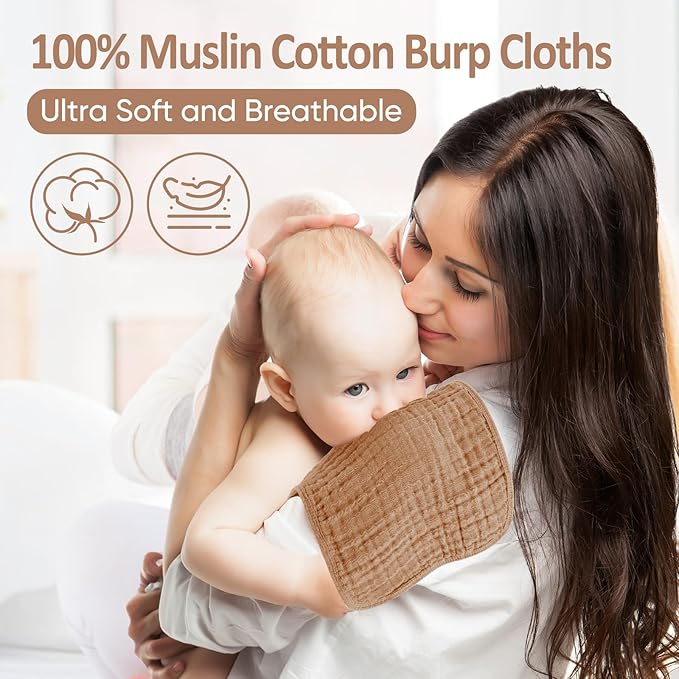 MIGIOL Muslin Burp Cloths 100% Cotton Pack of 12. Soft, Gentle & Absorbent Baby Burp Cloths for Baby Girl & Boys.(Pink & Coffee 12 Pieces)