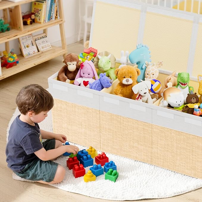 Dayacoco Extra Large Toy Box Chest with Lids, Collapsible Sturdy Kids Toy Storage Organizer Boxes for Boys Girls, Collapsible Sturdy Toys Chest Storage Organizer Bin Basket,40"X14"X16", Beige & White