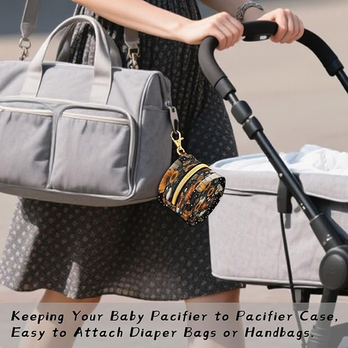 Pacifier Holder with Clip Pacifier Case for Diaper Bag Round Baby Pacifier Pouch Box Bag Portable Black Dotty Pumpkins Sunflowers Daisy