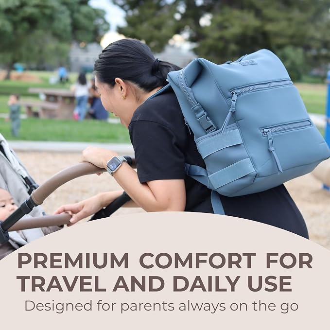 BUNSO Neoprene Diaper Bag – minimalist, water-resistant backpack with pouch, changing pad, and stroller straps. Lightweight unisex baby diaper bag in Slate Blue