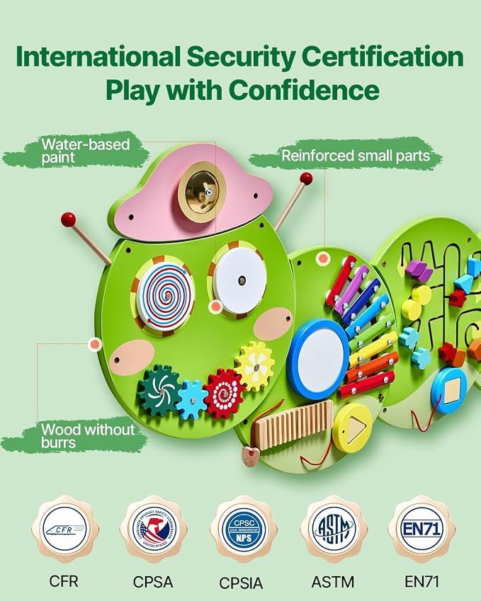 VEVOR Caterpillar Activity Wall Busy Board Wall, 12 Wall Activities Board, Montessori Sensory Wall Panel for Kids 3-12 Years, Sensory Wall Activity Board, Ideal for Toddler Playroom Nursery Classroom