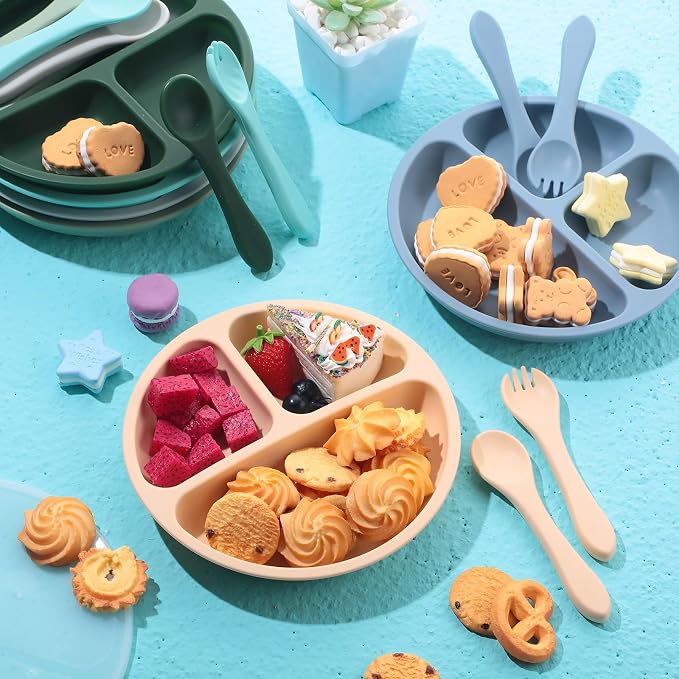 Meanplan 6 Pack Suction Plates for Toddlers with Lids Silicone Baby Plates set Food Grade Silicone Divided Design Microwave and Dishwasher Safe Assorted Colors(Mixed Colors)