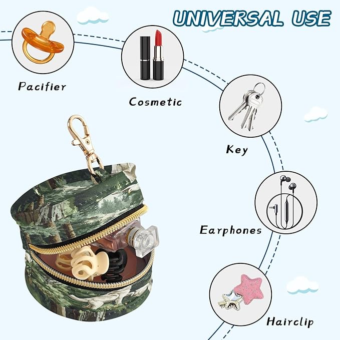 Pacifier Holder with Clip Pacifier Case for Diaper Bag Round Baby Pacifier Pouch Box Bag Portable Wolves and Eagles Green Forest