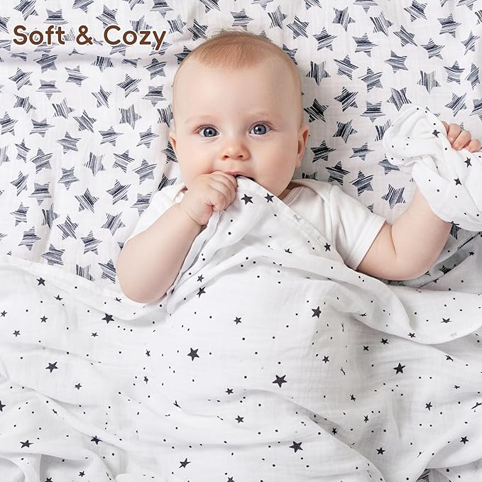 david's kids 4 Pack Baby Muslin Swaddle Blankets, 100% Cotton and Ultra Soft Breathable Receiving Blanket Wrap for Boys Girls, New Born Essentials, Large 47 x 47 inches, Space&Stars