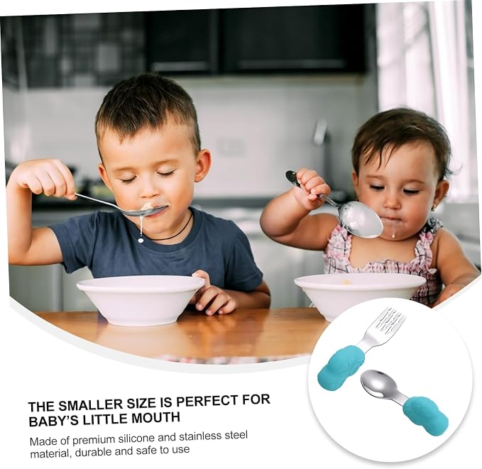 Healifty Stainless Steel Training Tableware Car Shaped Fork and Spoon for Safe Feeding Utensils with Comfortable Short Handles in Sky Blue for Self Feeding and Learning