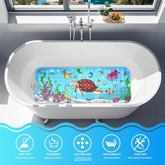 Linoows Baby Bath Tub Mat, 40 x 16 Inch Extra Large Non Slip Kids Cartoon Bathtub Shower Mats with Suction Cups & Drain Holes, Machine Washable for Bathroom, Undersea Sea Turtle