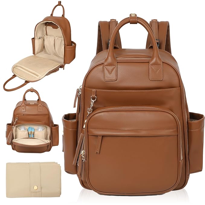 Omanmoli Diaper Bag Backpack,Leather Baby Bag with 16 Pockets,Large Travel Diaper Backpack,Baby Essential Organizer,4 Insulated Pockets,Changing Pad,Brown