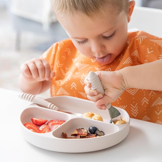 Bumkins Toddler Utensils, Kids Size Fork and Spoon Set, Silicone and Stainless-Steel Training Silverware, Angled Forks/Sporks for Self-Feeding, Children Hold Learning to Eat, 18 Mos Up, Sand Beige