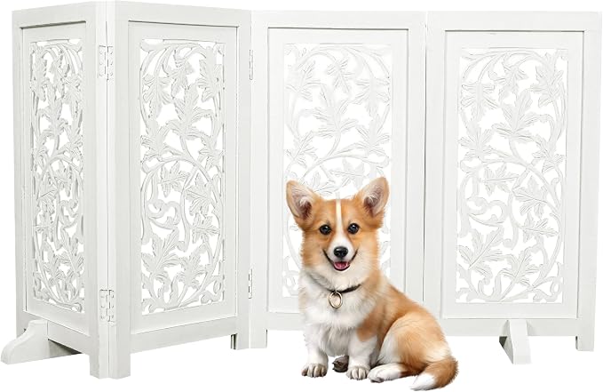 Dog Gate for Indoor Use, 4 Panel Free Standing Foldable Wooden Pet Barrier, 56x28 Inch Decorative Lucy Design Dog Fence for Doorway, Stairs, or Hallway, White Antique