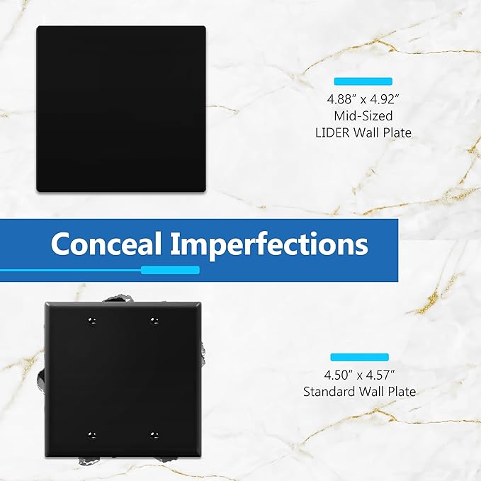 LIDER Double Blank Wall Plate, Temperature and Impact Resistant, UL Listed, Polycarbonate Thermoplastic, Screwless Design, Matte Finish, Modern Upgrade, Midsize, 2-Gang, 4.88??x 4.92?? Black, 10 Pack