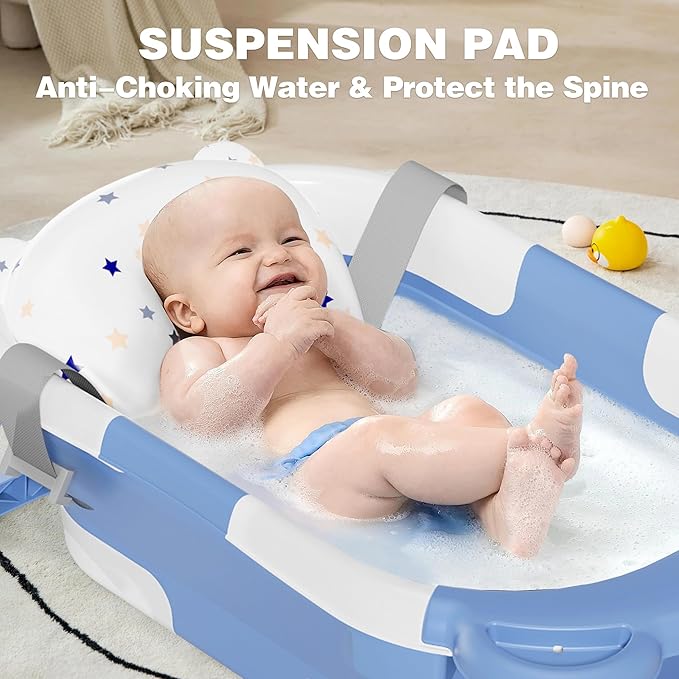 MoreFeel Collapsible Baby Bathtub for Newborn with Thermometer & 1 Hooded Towel & 1 Soft Floating Cushion,Portable Travel Bathtub with Drain Hole, Durable Foldable Baby Tubs for Infants to Toddler