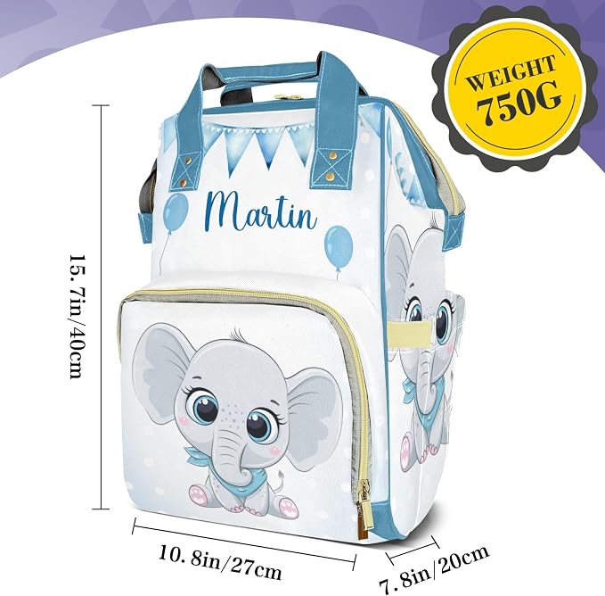 Cute Elephant Large Personalized Diaper Bag Backpack for Baby Boy with Name, Thermal Pockets, Waterproof Custom Baby Bags for Boys, Multi-functional Customized Nappy Bag Mom Travel Daypack