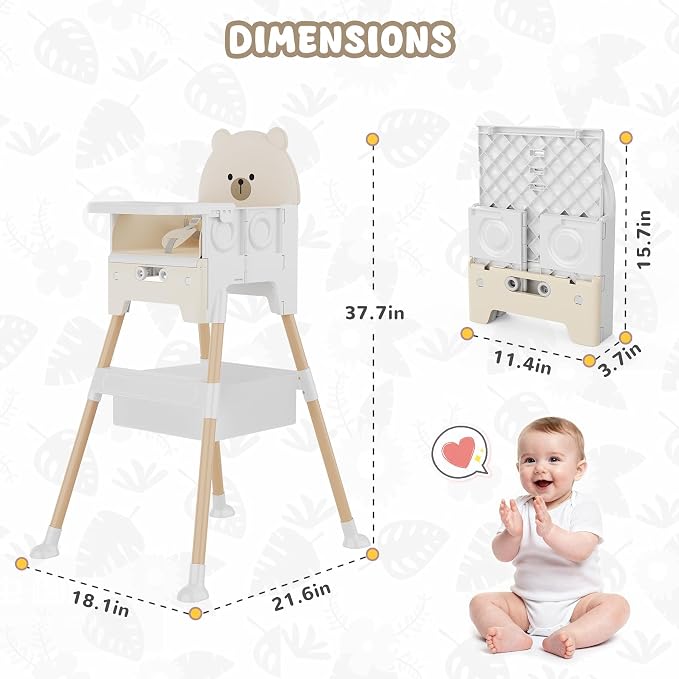 Baby High Chair 3 in 1 High Chairs for Babies and Toddlers Bear Toddler Chair Adjustable Height Highchair with Bib and Storage Bag for Baby Convenient Comfortable Feeding（Beige）