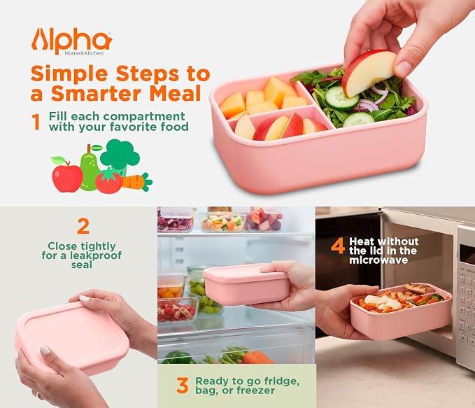 Silicone Bento Box for Kids, 3 Compartment Lunch Box, Small Portions, BPA Free Snack Container, Leak Resistant, Easy to Clean, Dishwasher Safe