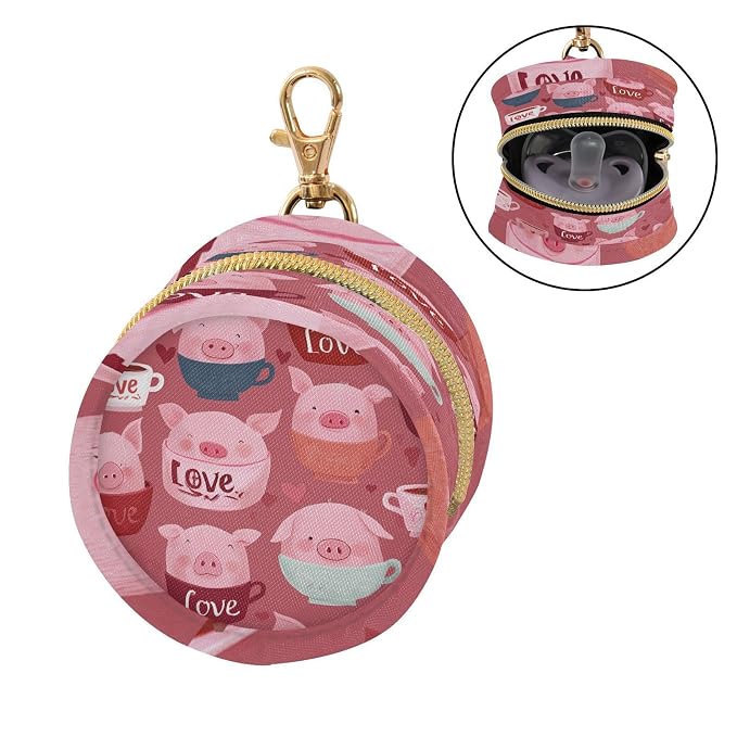 Pacifier Holder with Clip Pacifier Case for Diaper Bag Round Baby Pacifier Pouch Box Bag Portable Pink Cute Pigs in Cups and Hearts