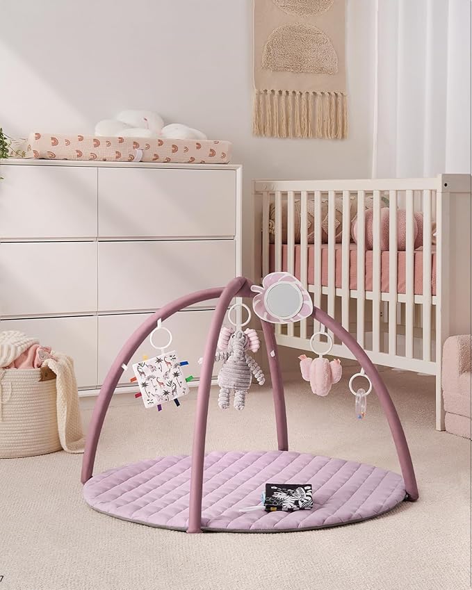 Blissful Diary Baby Play Gym Mat, Tummy Time Activity Mat with 6 Detachable Toys for Stage-Based Sensory & Motor Skill Development, Easy to Install & Clean, Baby Essentials Gift, Lavender Pink