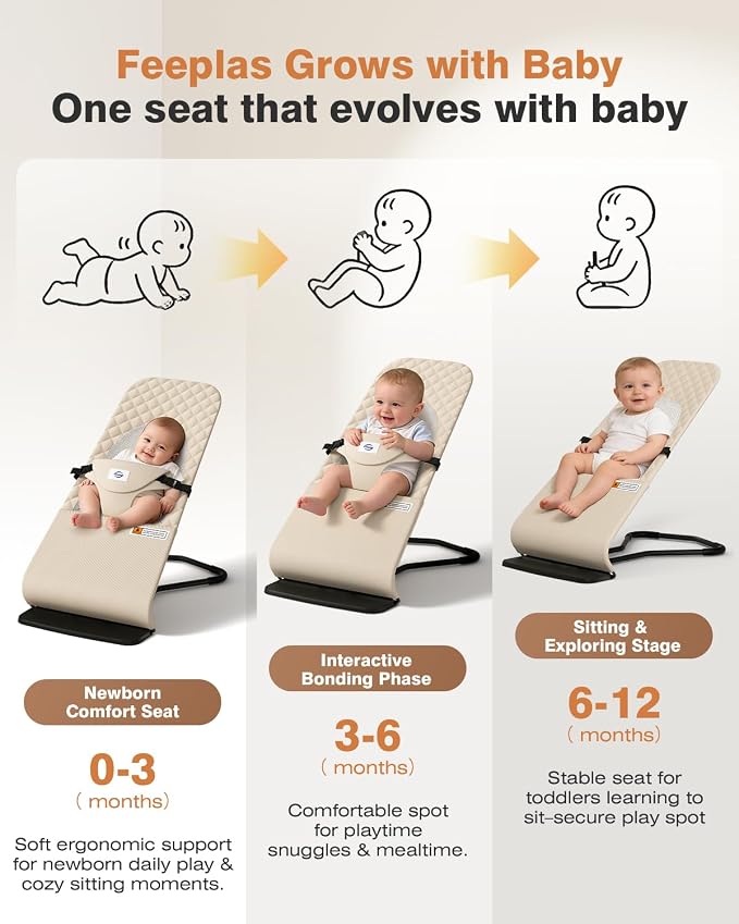 Baby Bouncer, Bouncer Seat for Babies 0-12 Months, Ergonomic Rocking Chair with Detachable Hanging Bar, 3-Height Adjustments, Foldable & Portable Infant Rocker, Machine Washable Fabric, Beige