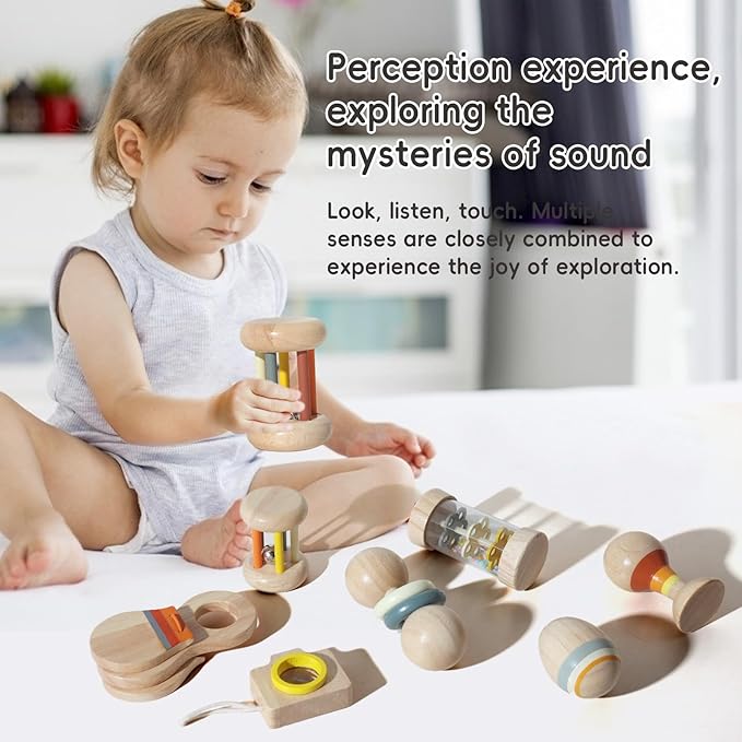 Wooden Baby Rattle Set, 7-in-1 Montessori Toys for Infants 0-6 Months, Moonkie Natural Wooden Baby Toys with Sensory Musical Instruments & Storage Bag