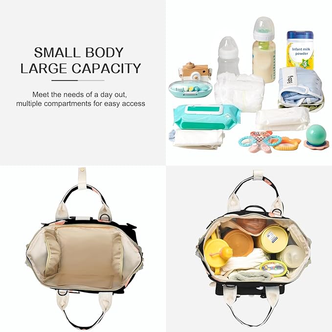 Small Diaper Bag Crossbody with Multi-Pocket, 4 in 1 Mini Travel Mommy Tote w/ Shoulder for Stroller, Small Toddler Daiper Backpack with Insulated Pockets, Compact Baby Bag for Mom (Black Animal)
