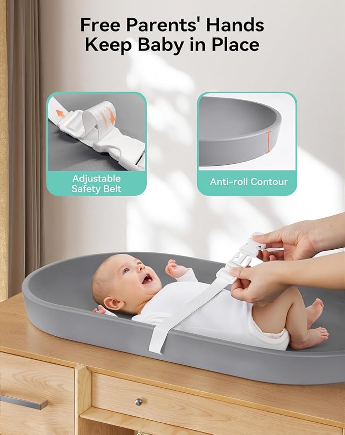 COMOMY Baby Changing Pad for Dresser - Wipeable Changing Pad with Restraining Belt, Waterproof, Soft, Lightweight and Portable, Easy to Clean for On The Go Diaper Change, Grey