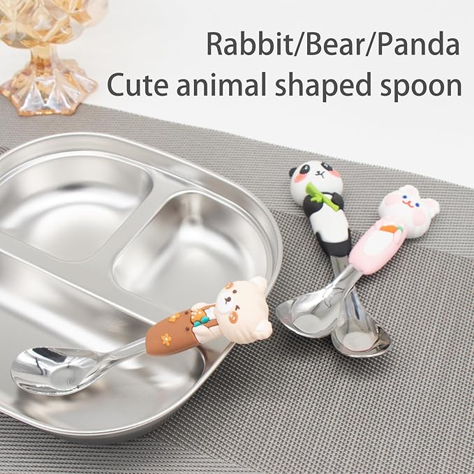 18/8 Stainless Steel Kids Spoon Set with Storage Box, Animal Shaped Silicone Handle, BPA Free Portable Travel Utensils, Perfect Children's Day Gift for Kids Ages 3-6