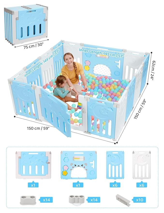 Baby Playpen, Dripex Baby Playard for Babies and Toddlers, 14-Panel Foldable Playpen Adjustable Portable Play Area, Indoor/Outdoor Kids Active Center with Game Panel & Safety Gate, Blue White