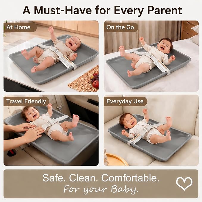 Wipeable Waterproof Baby Changing Pad, Large PU Diaper Pad for Changing Table and Dresser, Easy-Clean with Adjustable Buckle, No-Slip Bottom (Grey)