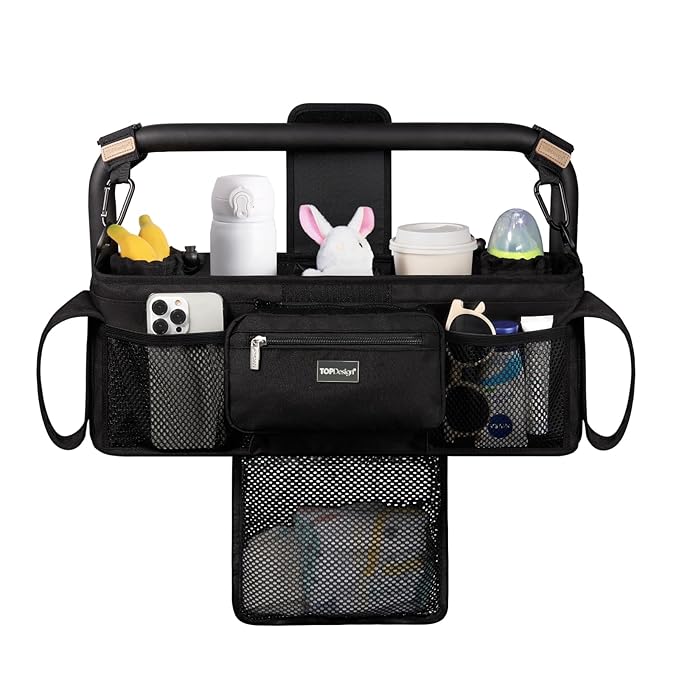 TOPDesign Universal Baby Stroller Organizer, Double Stroller Caddy with Detachable Mesh Bag & Heightened Insulated Cup Holders & Non-Slip Secure Hooks Accessories, Fits Most Strollers (Black)