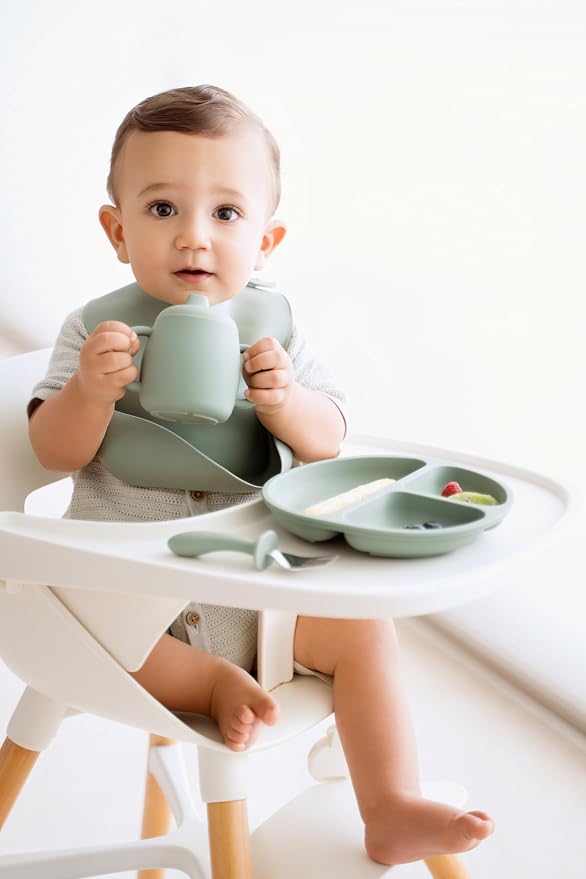 Food-grade Silicone Baby Feeding Set – 10 Pieces | BPA-Free | Includes Plate, Bowl, Sippy cup, 2 Spoons, 2Forks & Bib | Non-Slip, Microwave & Dishwasher Safe – Green