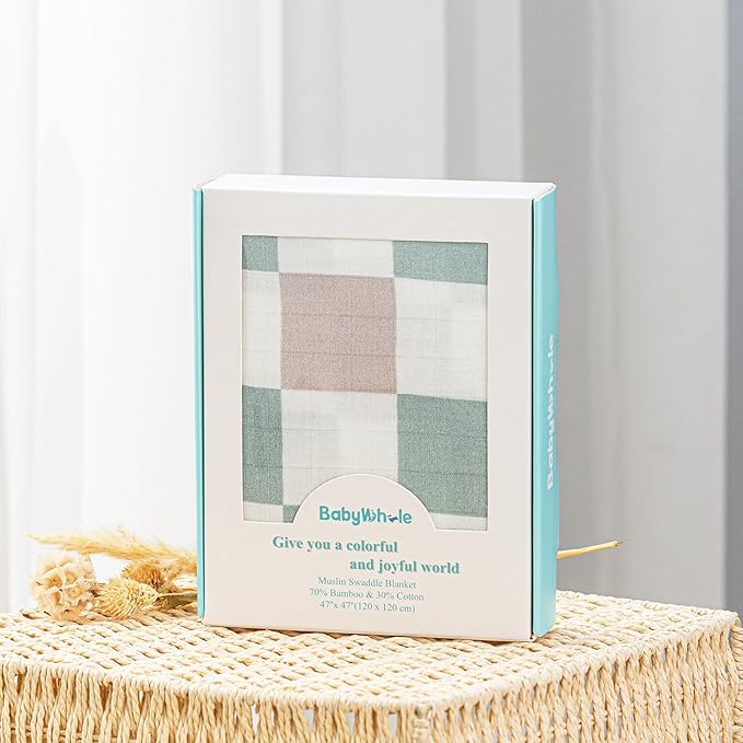 BabyWhale Muslin Swaddle Blanket with Hat and Headband Bow, Checkered Print Swaddle Set for Baby Boys ï¼?Girls, Unisex Soft Receiving Blanket Wrap, Green Grey Checkered, 47x47 inches