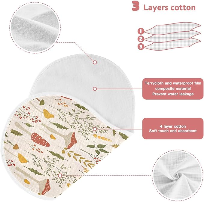 Kigai Baby Burp Cloths 2 Pack, Extra Soft & Absorbent 4-Layer Muslin Cotton Burping Cloths for Newborn Boys Girls, Large 11x22 Inch Curved Shoulder Burp Rags, Cute Mushroom Nursery Design