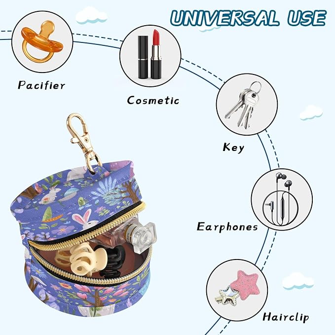 Pacifier Holder with Clip Pacifier Case for Diaper Bag Round Baby Pacifier Pouch Box Bag Portable Blue Rabbit and Easter Egg Tree Easter