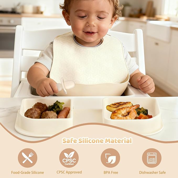 Beige Travel Silicone Foldable Feeding Set, On-the-Go Baby Feeding Supplies Including Toddler Plates, Silicone Baby Spoon&Fork, Adjustable Foldable Bib, Portable Infant Toddler Utensils