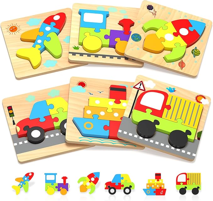 Benresive Wooden Toddler Puzzles for Boys Girls Age 1 2 3, 6 Pack Montessori Vehicle Toys, Educational Preschool Learning Toys, Great Birthday Gifts for Toddlers