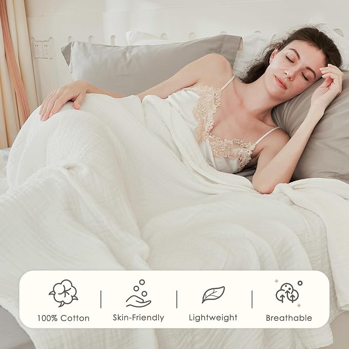 EMME Cotton Muslin King Blanket Big Oversized Bed Layering Bedspread Coverlet Breathable Gauze Soft Lightweight Blankets (White, 120"x94")