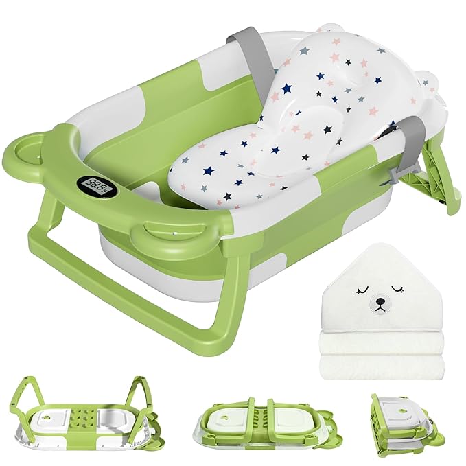 MoreFeel Collapsible Baby Bathtub for Newborn with Thermometer & 1 Hooded Towel & 1 Soft Floating Cushion,Portable Travel Bathtub with Drain Hole, Durable Foldable Baby Tubs for Infants to Toddler
