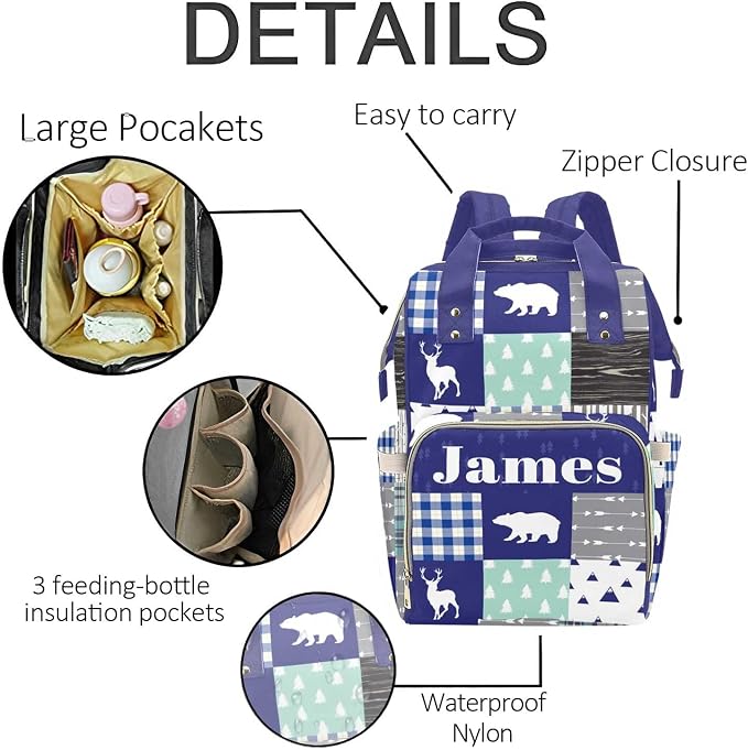Personalized Woodland Deer Bear Diaper Bag with Name – Custom Baby Bag, Nursing Tote Backpack for Mom, Custom Name Mommy Daypack, Shower Gift for Baby