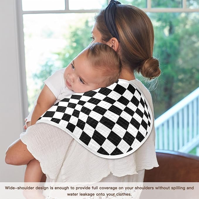 Muslin Baby Burp Cloths Set of 1, Soft Black White Checkered Absorbent Muslin Washcloths, Bibs, Face Towel for Newborn Boys Girls, 22 x 11 Inch