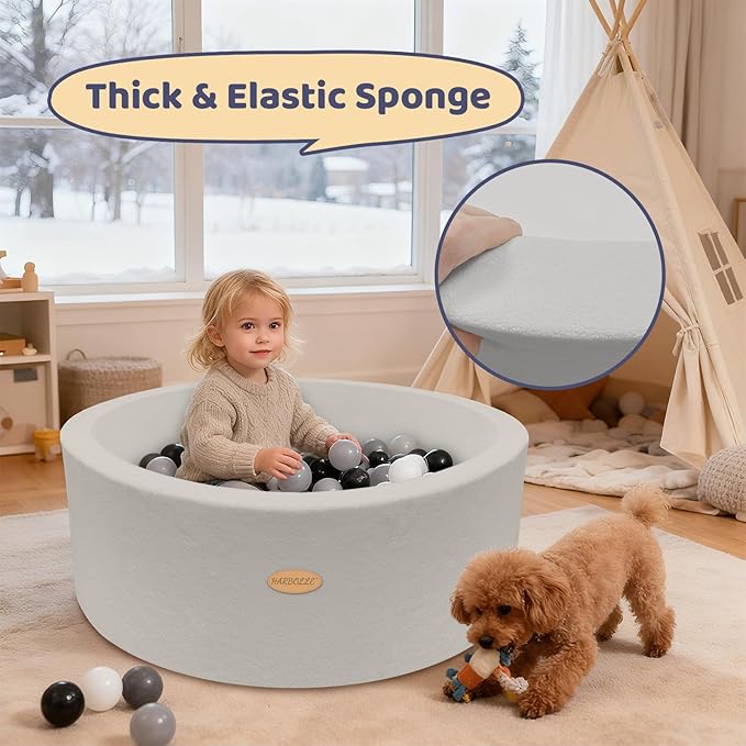 HARBOLLE 35.4" Soft Fleece Ball Pit & Playpen for Toddlers & Babies, Indoor/Outdoor Kids Foam Play Center, for Boys & Girls, Gray