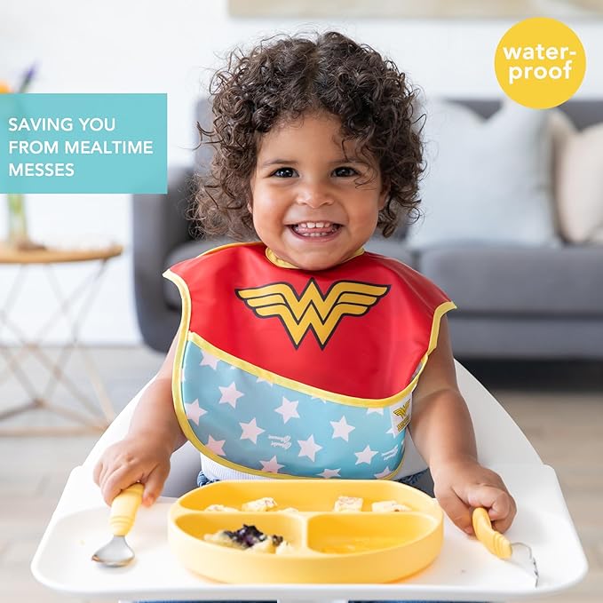 Bumkins Bibs for Girl or Boy, SuperBib Baby and Toddler for 6-24 Months, Essential Must Have for Eating, Feeding, Baby Led Weaning, Mess Saving Catch Food, Waterproof Soft Fabric, 2-pk Wonder Woman