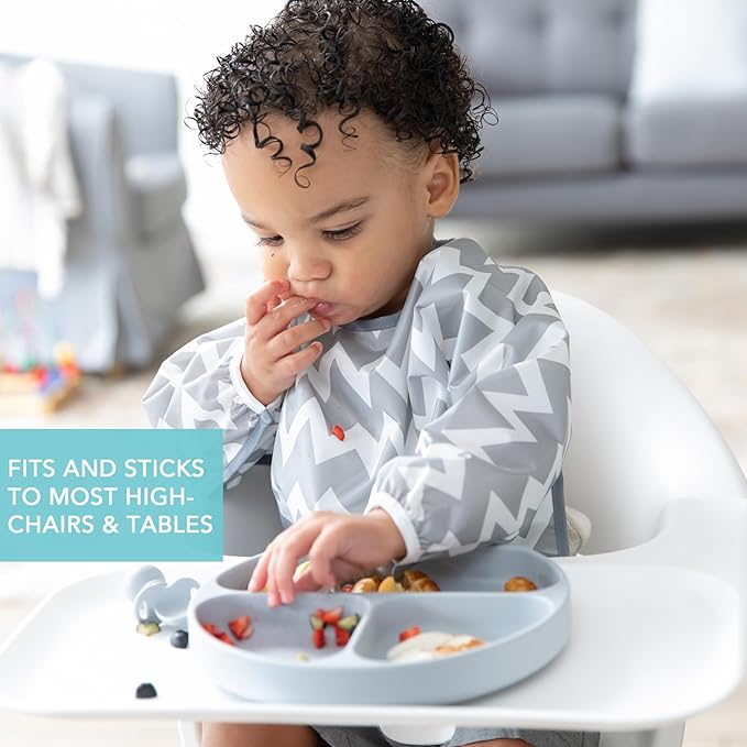 Bumkins Toddler and Baby Suction Plate, Silicone Divided Grip Dish for Babies and Kids, Baby Led Weaning, Children Feeding Supplies, Non Skid Bottom, Platinum Silicone, 6 Months Up, Gray and Pink
