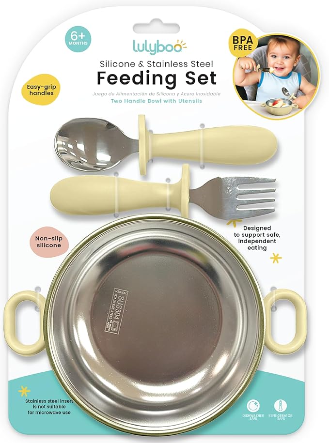 Lulyboo Stainless Steel & Silicone Toddler Feeding Bowl Set - Double-Layer Insulated, Non-Slip Base, Removable Insert, Easy-Grip Fork & Spoon for Easy Self-Feeding, Essential for Babies 6 Months+