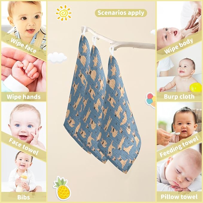 vvfelixl Baby Cotton Washcloths French Bulldog Pug Infants Bath Towel for Unisex Puppy Face Towels for Newborn, Natural Baby Wipes Delicate Skin, 11.8 X 11.8 inch, one sizex3