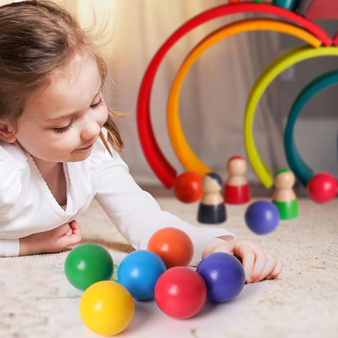 Wooden Rainbow Ball 12 Pcs Montessori Balls Toy 1.8 Inch Wooden Replacement Ball Educational Counting Toys Preschool Learning Material for Montessori