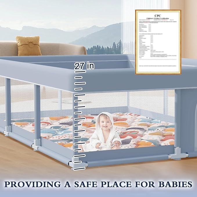 XVISHX 74 x 50 Inch Baby Playpen with Mat, Playpen for Babies and Toddlers, Baby Playard for Indoor & Outdoor Active Center Game Fence, with Skin-Friendly Fabric and Soft Breathable Mesh, Grey