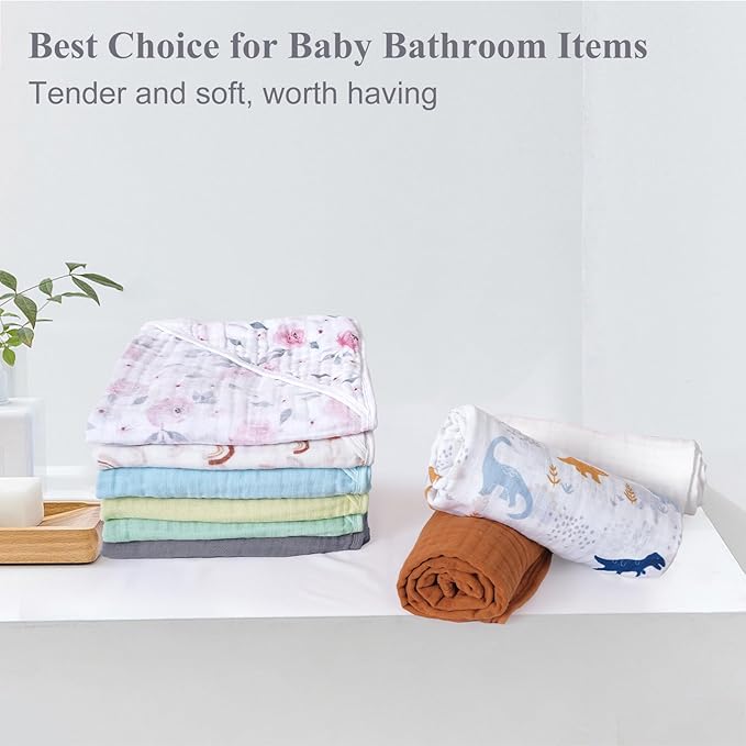 PHF 2 Pack Baby Hooded Towels, 100% Muslin Cotton Baby Bath Towel with Hood for Newborn, Infant, Toddler, Ultra Soft and Absorbent Baby Essentials Bath Towels for Boys, 32x32Inch, Dinosaur