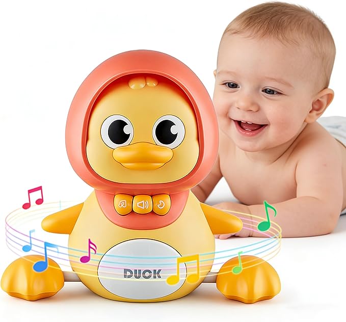 JUYEE Crawling Duck Toy, Tummy Time Baby Toy for 6-9-12 Months, Infant Sensory Walking Duck with Music & Soft Light, Baby Crawling Training Toy for Boys Girls